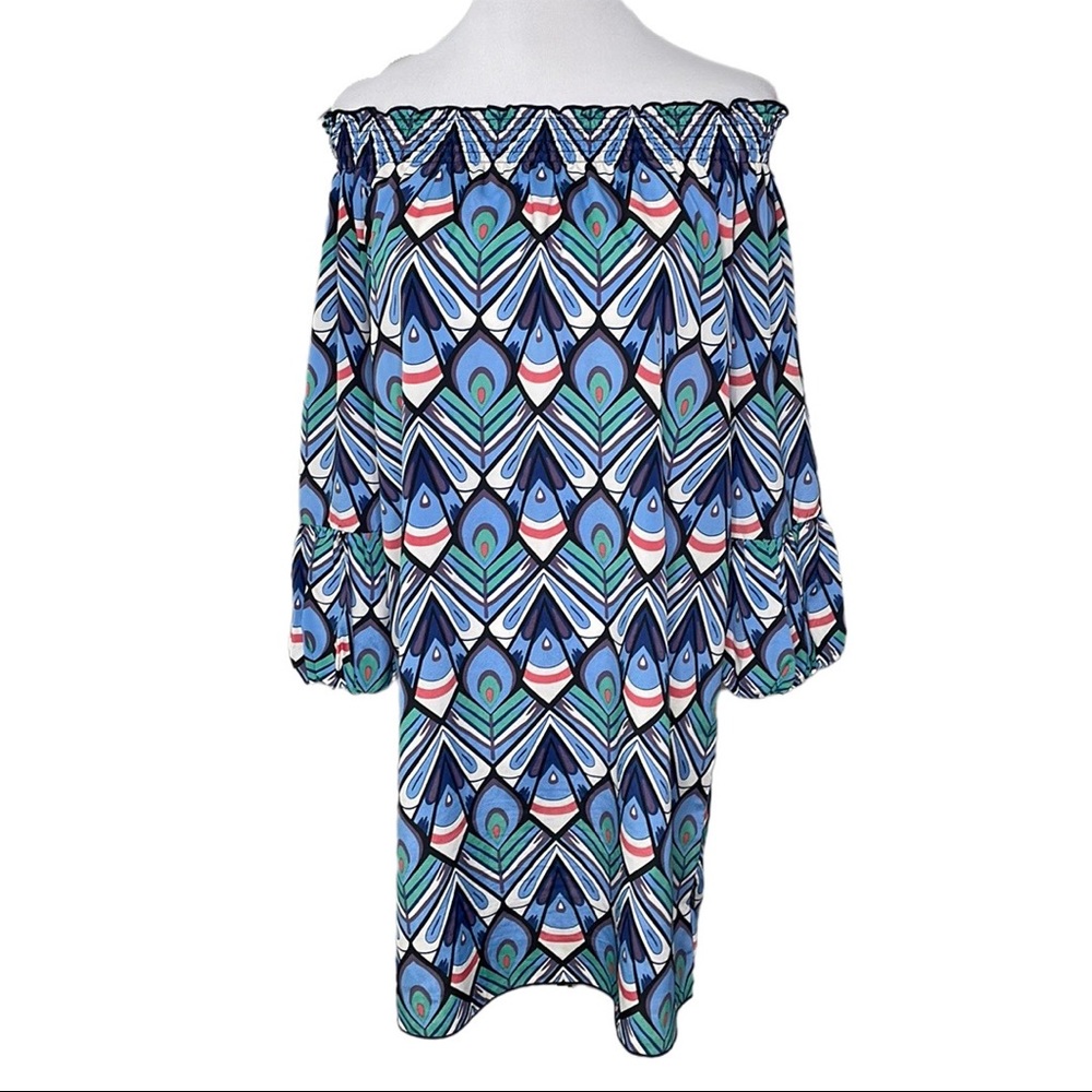 Tracy Negoshian Off-the-Shoulder Meg Shift Dress in Peacock Print
